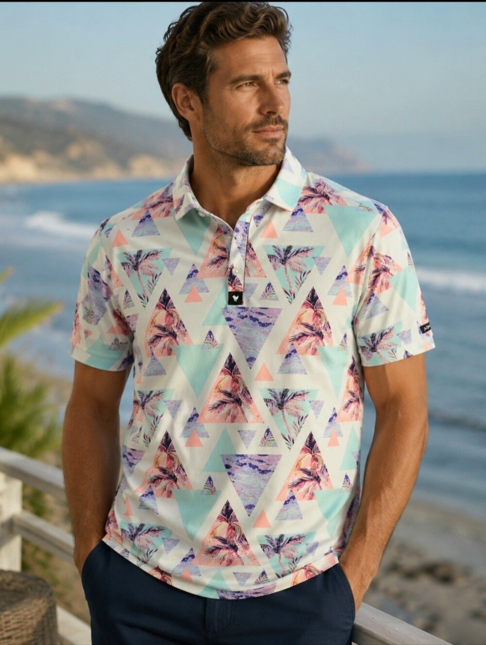 Bad Birdie Mens XL Golf Polo Shirt Cali Floral Palm All Over Print Geometric EUC